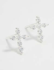 Cross Earrings: Sterling Silver Marquise Cubic Zirconia Cross Stud Earrings