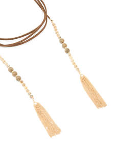 Long Necklaces: Gold Brown Suede Wrap Tassel Long Necklace