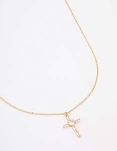 Gold Necklaces: Gold Plated Cubic Zirconia Baguette Cross Short Necklace