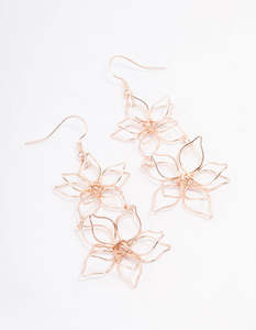 Rose Gold Earrings: Rose Gold Double Wire Flower Drop Earrings