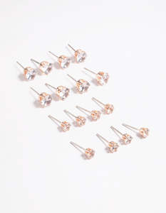 Rose Gold Earrings: Rose Gold Classic Diamante Studs 8-Pack