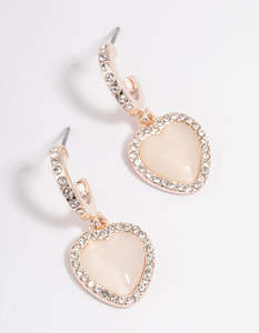 Rose Gold Earrings: Rose Gold Catseye Diamante Heart Huggie Earrings