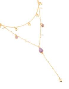 Purple: Gold Plated Purple Semi Precious Stone Droplet Layered Y-Necklace