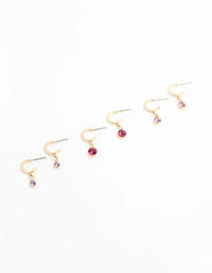 Purple: Gold Graduating Diamante Drop Huggie Earrings 3-Pack