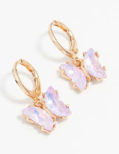 Purple: Gold Purple Diamante Butterfly Huggie Earrings