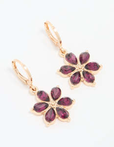Purple: Gold Red Diamante Flower Hoop Earrings