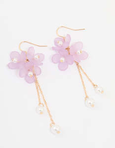 Purple: Gold Pearl & Pink Flower Chain Drop Earrings
