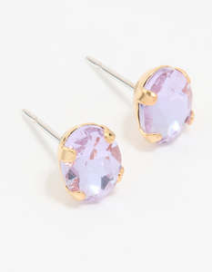 Purple: Gold Purple Diamante Oval Stud Earrings