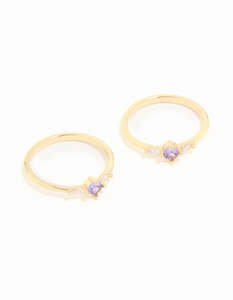 Purple: Gold Plated Purple Cubic Zirconia Dainty Trio Stacking Rings 2-Pack