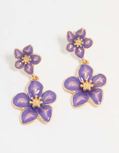 Purple: Gold Purple Tiered Flower Drop Earrings