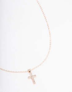 Rose Gold Necklaces: Rose Gold Diamante Cross Short Necklace