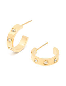 Cubic Zirconia Earrings: Waterproof Gold Plated Stainless Steel Cubic Zirconia Square Hoop Earrings
