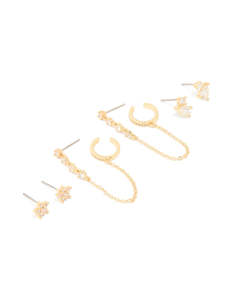 Cubic Zirconia Earrings: Gold Plated Brass Cubic Zirconia Stud & Chain Earrings 3-Pack