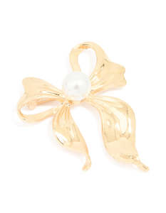 Gold Pearl Center Bow Brooch