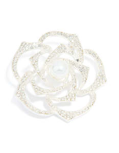 Brooches Pins: Silver Diamante & Pearl Rose Brooch