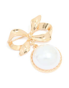 Gold Large Drop Pearl & Bow Brooch