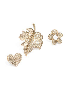 Brooches Pins: Worn Gold Diamante Leaf Brooches 3-Pack