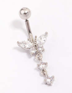 Belly Button Piercings: Titanium Cubic Zirconia Butterfly Drop Threadless Belly Bar