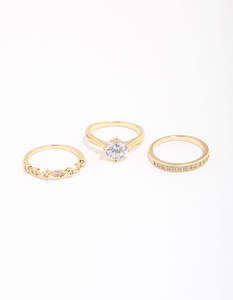 Gold Plated Cubic Zirconia Round Stone Ring Pack