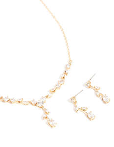 Cubic Zirconia: Gold Cubic Zirconia Flower Vine Necklace & Drop Earrings Set