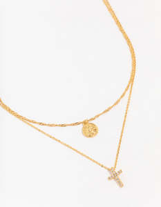 Gold Plated Brass Cubic Zirconia Cross Coin Layered Necklace