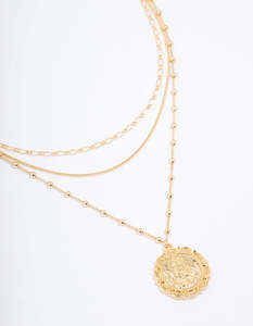 Coin: Gold Plated Large Coin Triple Layered Necklace