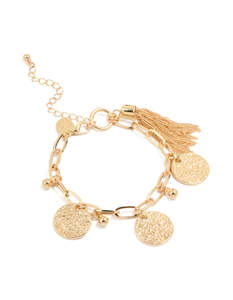 Coin: Gold Tassel & Textured Coin Charm Bracelet