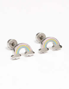 Kids Earrings: Kids Surgical Steel Rainbow Flat Back Earrings