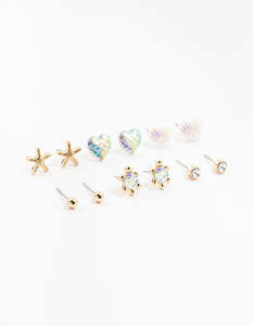 Kids Gold Sea Theme Stud Earrings 6-Pack