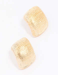 Red Earrings: Gold Curved Textured Stud Earrings