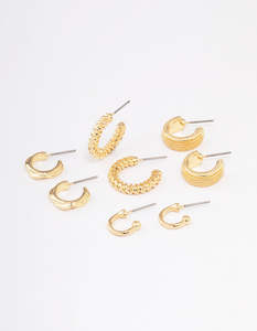 Red Earrings: Gold Plated Textured Chunky Hoop Earrings 4-Pack