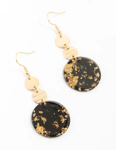 Red Earrings: Gold & Black Textured Disc Drop Earrings