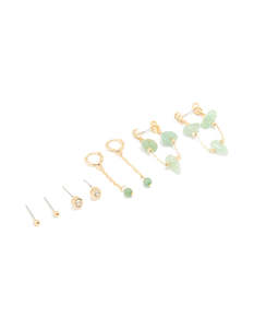 Gold Plated Green Semi Precious Stone Chain Drop & Stud Earrings 4-Pack