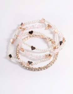 Kids Bracelets: Kids Rose Gold Heart Diamante Stretch Bracelet 4-Pack