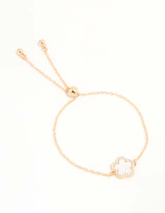 Pink: Gold Cubic Zirconia Pink Flower Toggle Bracelet