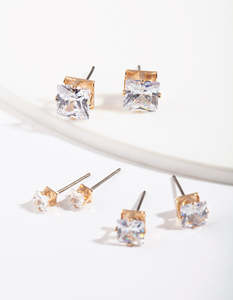 Crystal Earrings: Gold Square Cut Diamante Stud Pack