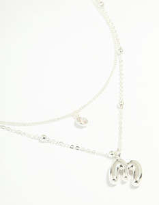 Layered Necklaces: Silver Plated Cubic Zirconia & Bubble Letter M Layered Necklace
