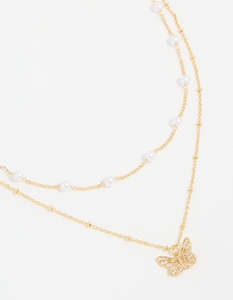 Layered Necklaces: Gold Plated Pearl Butterfly Layered Necklace