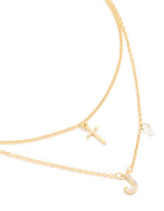 Layered Necklaces: Gold Plated Cubic Zirconia Cross Letter J Layered Necklace