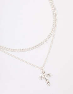 Layered Necklaces: Silver Plated Diamante Cross Layered Curb Necklace