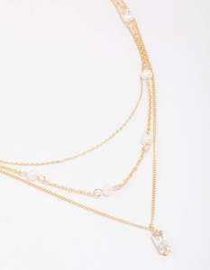 Layered Necklaces: Gold Plated Brass Trio Pearl Baguette Layered Necklace