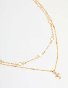 Gold Plated Bezel Chain & Cross Layered Necklace