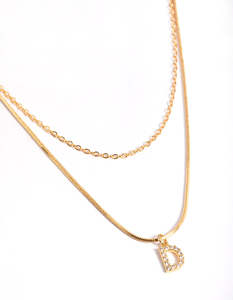 Layered Necklaces: Gold Plated Diamante Letter D Layered Necklace