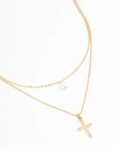 Layered Necklaces: Gold Plated Pearl Diamante Cross Necklaces 2-Pack