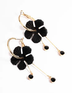 Black Earrings: Black Flower Diamante Hoop Earrings