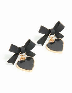 Black Earrings: Gold Black Coated Metal Bow Drop Heart Stud Earrings