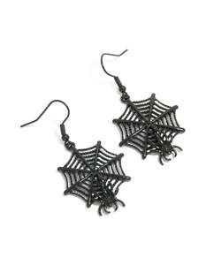 Black Earrings: Black Coated Metal Spiderweb & Spider Drop Earrings