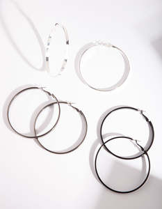 Black Earrings: Silver Black Chunky Hoop Earring Pack