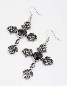 Heart Earrings: Antique Silver Rose & Heart Drop Earrings