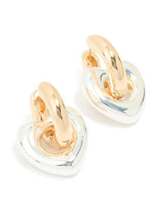 Heart Earrings: Mixed Metal Heart Drop Huggie Earrings